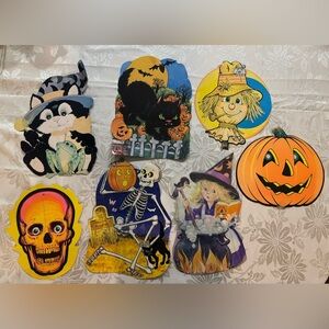 Vintage Spooky Halloween Die Cut Lot Of 7 Witch  Skeleton Cat Pumpkin Scarecrow